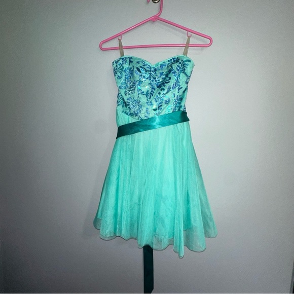 Y2K Teeze Me Dress Strapless Teal Sequined 2000s Lined Size 5 - Picture 5 of 7